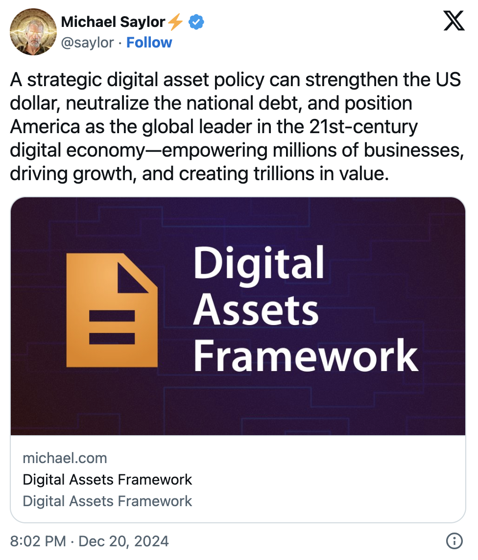 Michael Saylor Bitcoin Strategic Reserve Framework Document, December 2024 | X.com/Saylor